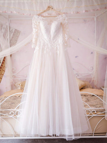 Half Sleeves V Neck White Lace Long Prom Dresses, White Lace Wedding Dresses, White Formal Evening Dresses SP2117