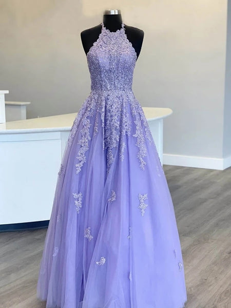Cute Halter Neck Short Purple Lace Prom Dress, Purple Lace Formal
