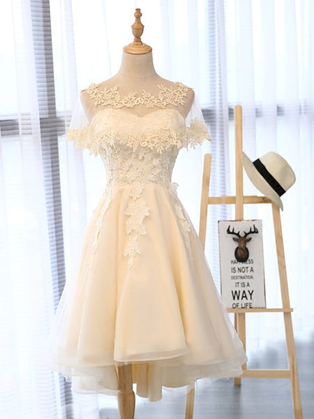 High Low Short Light Champagne Lace Prom Dresses, High Low Light Champ Shiny Party High Low Short Light Champagne Lace Prom Dresses, High Low Light Champ Shiny Party