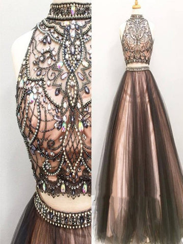 High Neck Two Pieces Prom Dresses With Beading, Two Pieces Formal Dresses With Beading