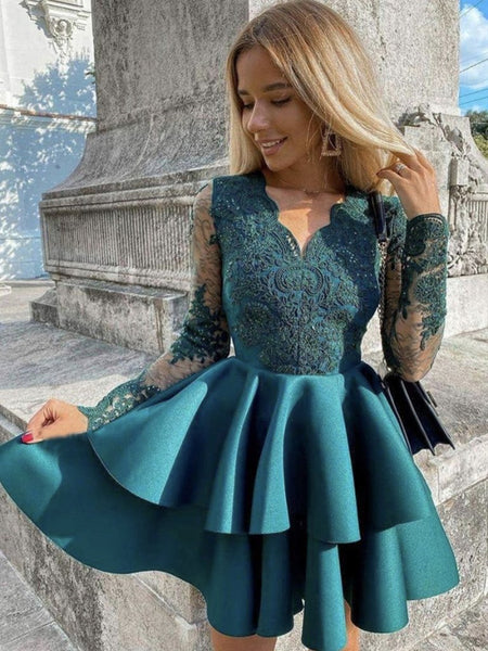 Long Sleeves V Neck Short Green Lace Prom Dresses, Long Sleeves Green Shiny Party Long Sleeves V Neck Short Green Lace Prom Dresses, Long Sleeves Green Shiny Party