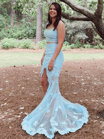 Mermaid Two Pieces Ivory Lace Long Prom Dresses, Mermaid White Formal Dresses, White Lace Evening Dresses SP2134