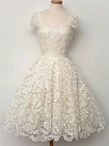 Custom Made Ivory Cap Sleeves Short Lace Prom Dresses, Wedding Dresses. Homecoming Dresses