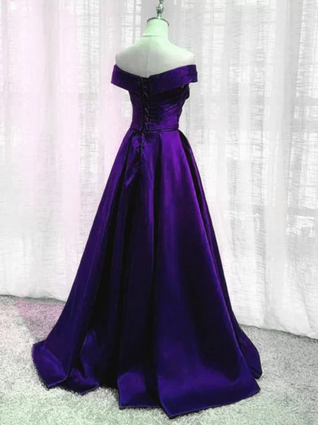 Off Shoulder Purple Satin Long Prom Dresses, Long Purple Formal Gradua