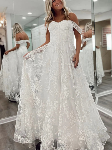 Off Shoulder White Lace Long Prom Dresses, White Lace Wedding Dresses
