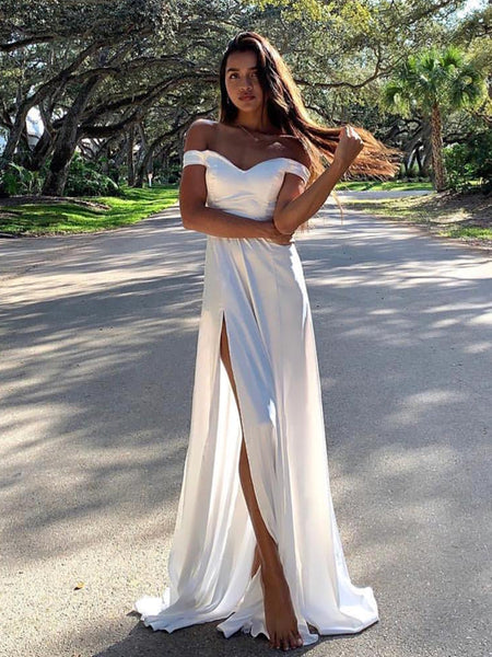 Off the Shoulder High Split White Long Prom Dresses, Off Shoulder White Formal Dresses, Evening Dresses Off the Shoulder High Split White Long Prom Dresses, Off Shoulder White Formal Dresses, Evening Dresses
