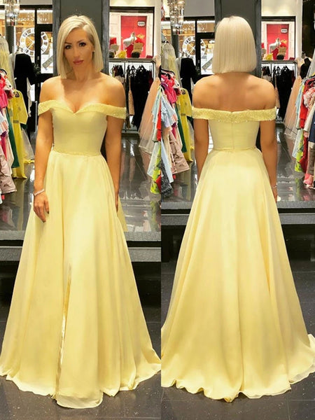 Off the Shoulder Yellow Long Prom Dresses with Beading Off Shoulder Y Shiny Party