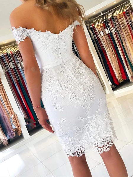 Off the Shoulder Mermaid Short White Lace Prom Dresses, Off Shoulder Short White Lace Formal Graduation Homecoming Dresses