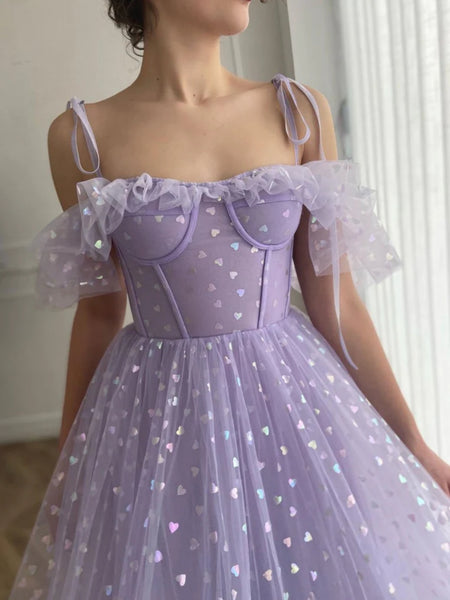 Off the Shoulder Tea Length Purple Prom Dresses, Off Shoulder Purple Homecoming Dresses, Lilac Formal Evening Dresses SP2526