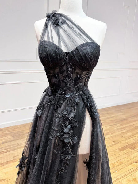 One Shoulder Black Lace Floral Long Prom Dresses with High Slit, Black Lace Formal Graduation Evening Dresses SP2509