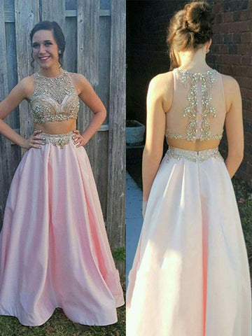 Round Neck Two Pieces Pink Prom Dresses With Beading, Pink Evening Dresses With Beading