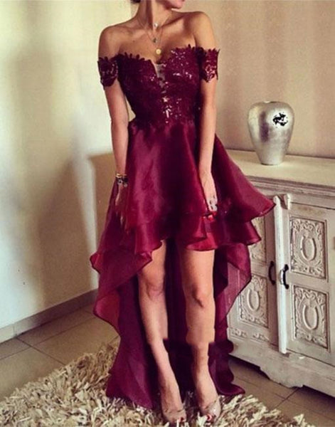 Sexy Off Shoulder High Low Organza Backless Maroon Lace Prom Dress, High Low Formal Dress, Maroon Lace Graduation Dress, Maroon High Low Formal Dress