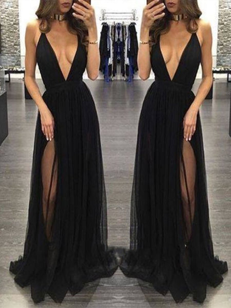 Sexy V Neck Chiffon Black Prom Dresses, Black Formal Dresses, Sexy Bla