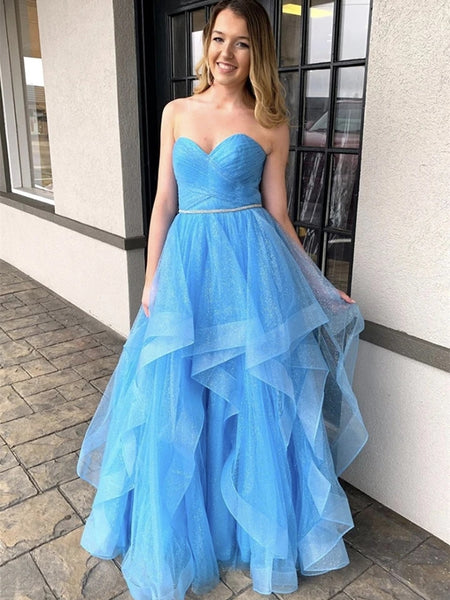 Shiny Sequins Strapless Sweetheart Neck Light Blue Long Prom Dresses, –  Shiny Party