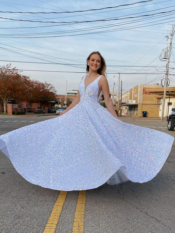 Shiny Sequins V Neck White Long Prom Dresses, V Neck Ivory Formal Evening Dresses SP2170