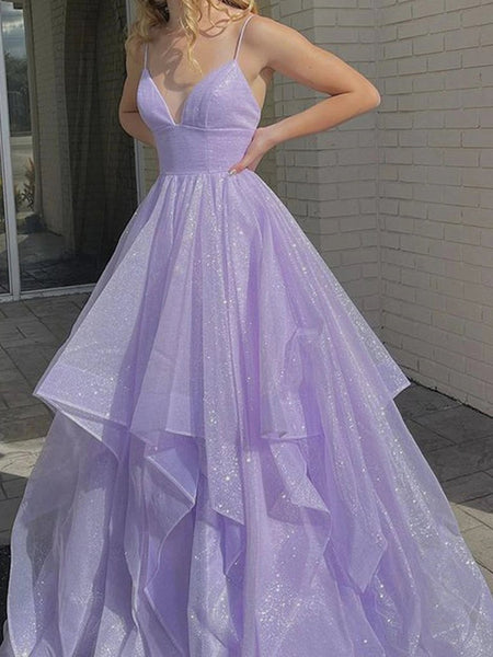 Shiny V Neck Purple Long Prom Dresses, Fluffy Purple Formal Evening Dresses, Sparkly Ball Gown