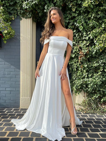 Simple Off Shoulder White Satin Long Prom Dresses with High Slit, Off the Shoulder White Formal Graduation Evening Dresses SP2599