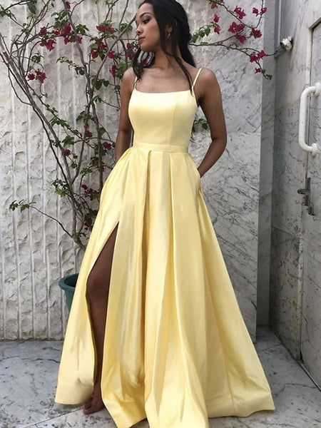 Simple A Line Spaghetti Straps Long Yellow Prom Dresses with Pockets, – Shiny Party