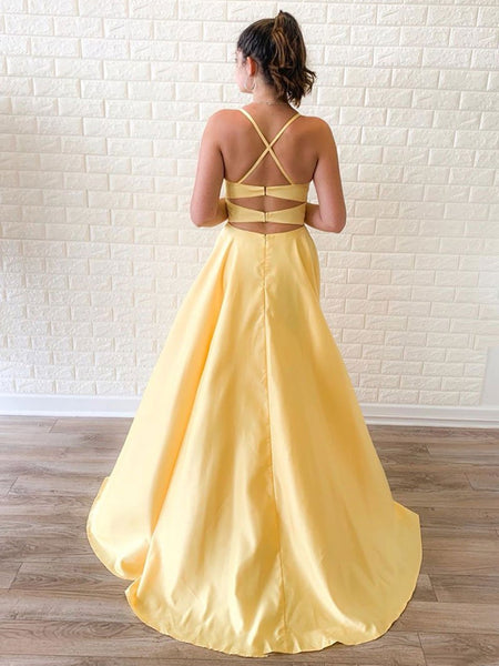 Simple A Line Yellow Long Prom Dresses with High Split, Cheap Yellow Formal Graduation Evening Dresses, Yellow Bridesmaid Dresses