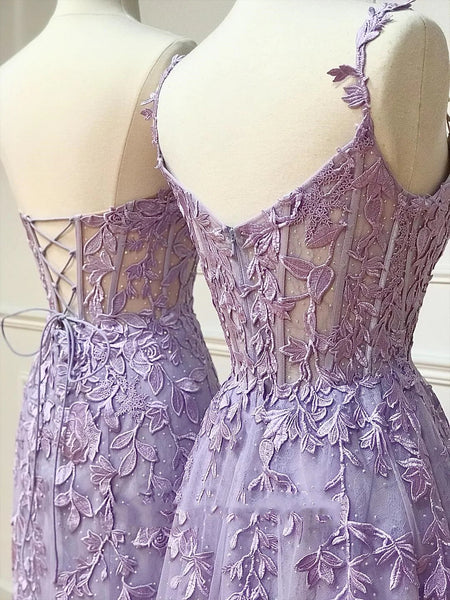 Strapless Mermaid Purple Lace Long Prom Dresses, Purple Lace Formal Dresses, Purple Evening Dresses SP2544