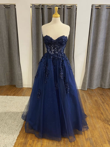 Strapless Open Back Navy Blue Lace Beaded Long Prom Dresses, Navy Blue Lace Formal Graduation Evening Dresses SP2473