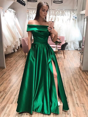 Stylish Off Shoulder Green Long Prom Dresses 2020 with Side Slit, Off the Shoulder Green Formal Graduation Evening Dresses