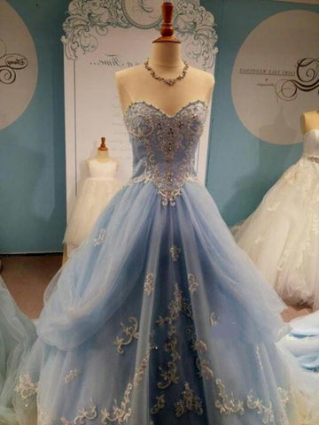 Sweetheart Neck Light Blue Wedding Dresses, Prom Dresses, Formal Dresses with Lace Flower