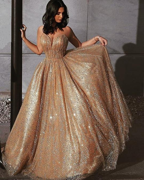 Sweetheart Neck Spaghetti Straps Backless Sparkly Gold Sequins Prom Dresses, Golden Ball Gown, Formal Dresses, Evening Dresses