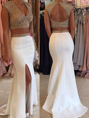 Two Pieces Sequins White Mermaid Prom Dresses, White Mermaid Formal Dresses