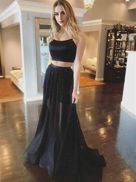 Two Piece Spaghetti Straps Mermaid Cross Back Satin Black Long Prom Dr – Shiny Party