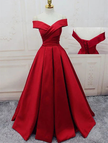 Unique Red Off Shoulder Floor Length Prom Dresses, Off Shoulder Formal Dresses