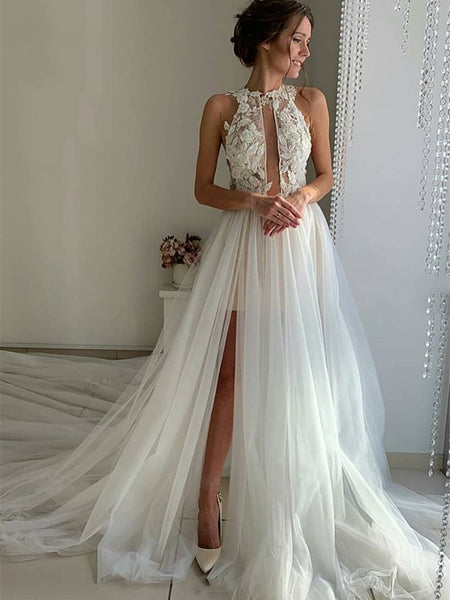 Thin Straps Backless White Lace Long Prom Wedding Dress, White Lace Formal Dress, White Evening Dress main image 0