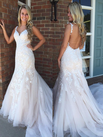 V Neck Backless Mermaid Champagne Lace Long Prom Wedding Dresses with Train, Champagne Lace Formal Evening Dresses SP2266