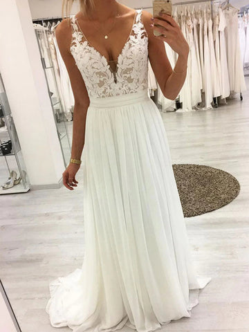 V Neck Chiffon White Lace Long Prom Dresses, White Lace Formal Dresses, White Evening Dresses SP2503