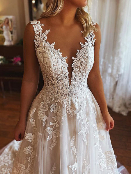 V Neck Open Back Ivory Lace Long Prom Wedding Dresses with Train, Ivory Lace Formal Evening Dresses SP2242