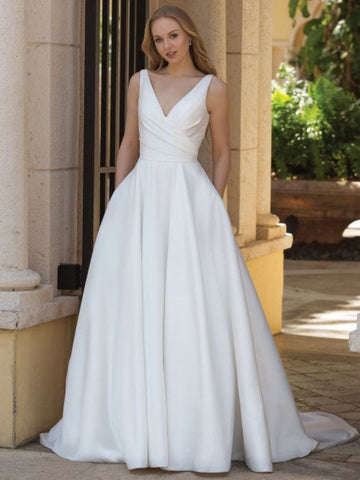 V Neck Open Back White Satin Long Prom Dresses, V Neck White Formal Dresses, White Evening Dresses SP2573