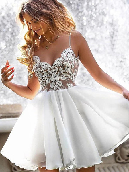 elegant white prom dress V Neck Short Lace Dresses, White Lace Formal Graduation Hom – Shiny Party Women's Elegant Women's Lace Sweep Train Neckline Tea Length Wedding Dress with Sleeves Size:L - (12-14)