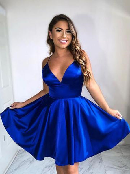 V Neck Blue Short Prom Dresses, Blue Homecoming Dresses, Blue Graduati – Shiny Party