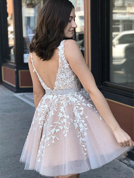 V Neck Lace Champagne Prom Dresses, Champagne Homecoming Dresses, Short Lace Dresses