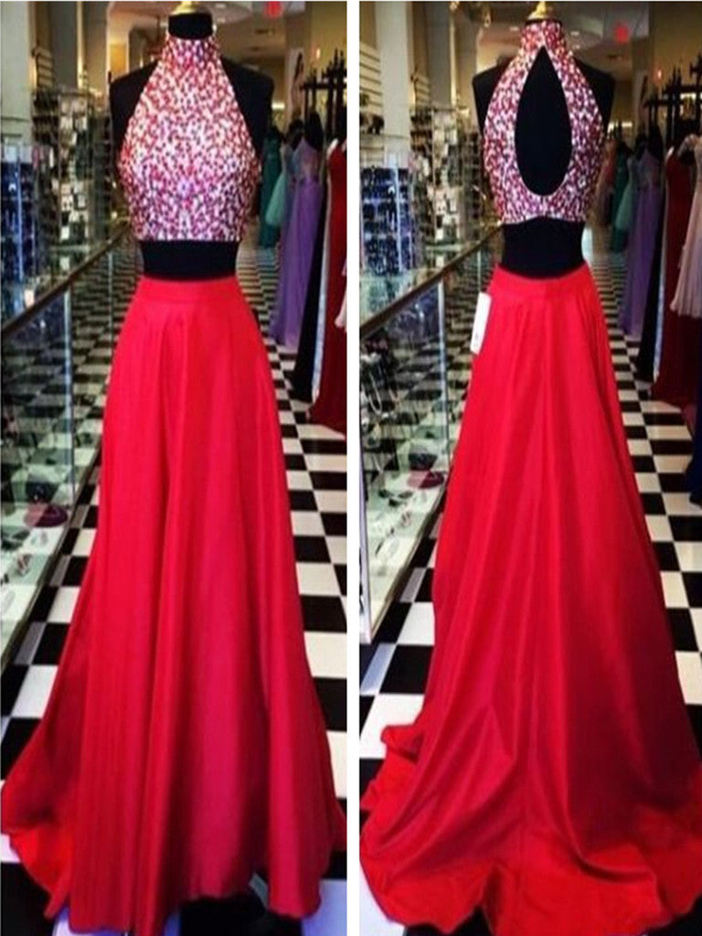Custom Made High Neck 2 Pieces Red Long Prom Dress, Red Formal Dress