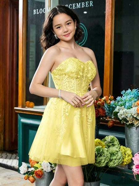 Strapless Yellow Lace Short Prom Dresses, Yellow Lace Homecoming Dresses, Yellow Formal Evening Dresses SP3479