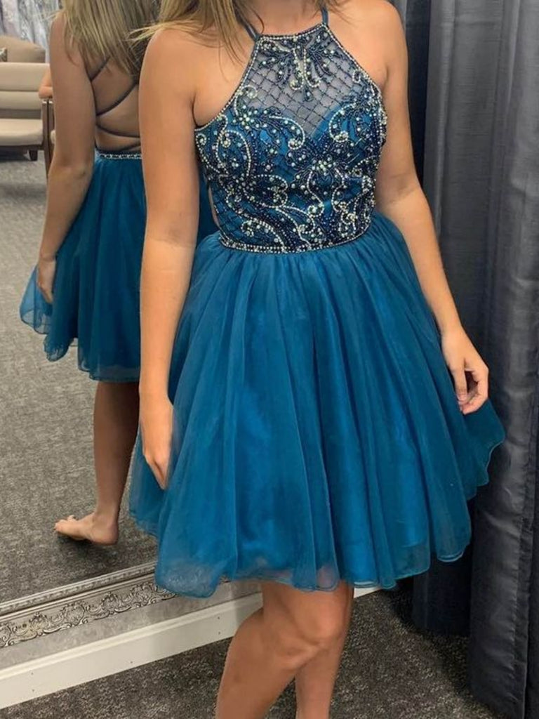 A Line Backless Beaded Short Blue Prom Dresses, Blue Homecoming Dresse Shiny Party A Line Backless Beaded Short Blue Prom Dresses, Blue Homecoming Dresse Shiny Party