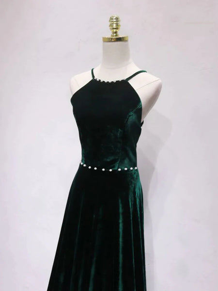 A Line Backless Dark Green Velvet Long Prom Dresses, Backless Dark Green Formal Graduation Evening Dresses SP2777