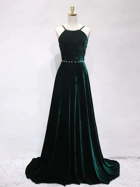 A Line Backless Dark Green Velvet Long Prom Dresses, Backless Dark Green Formal Graduation Evening Dresses SP2777