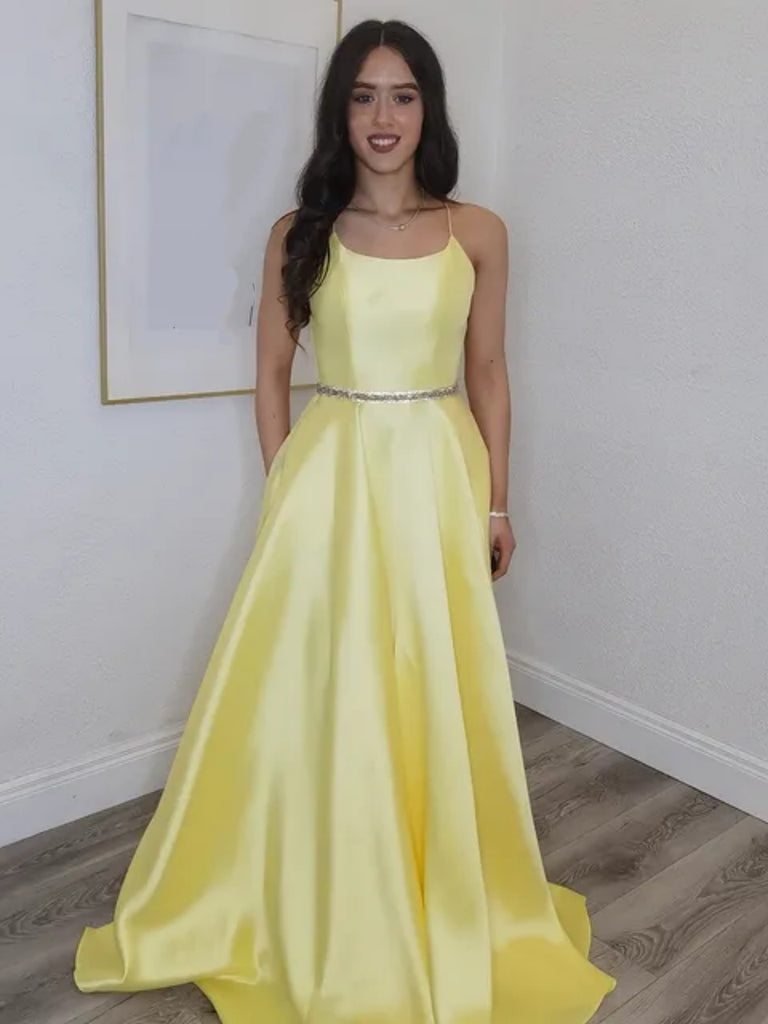 A Line Backless Yellow Satin Long Prom Dresses with Belt, Backless Yel Shiny Party A Line Backless Yellow Satin Long Prom Dresses with Belt, Backless Yel Shiny Party