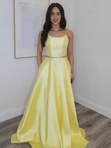 A Line Backless Yellow Satin Long Prom Dresses with Belt, Backless Yellow Formal Graduation Evening Dresses SP3296