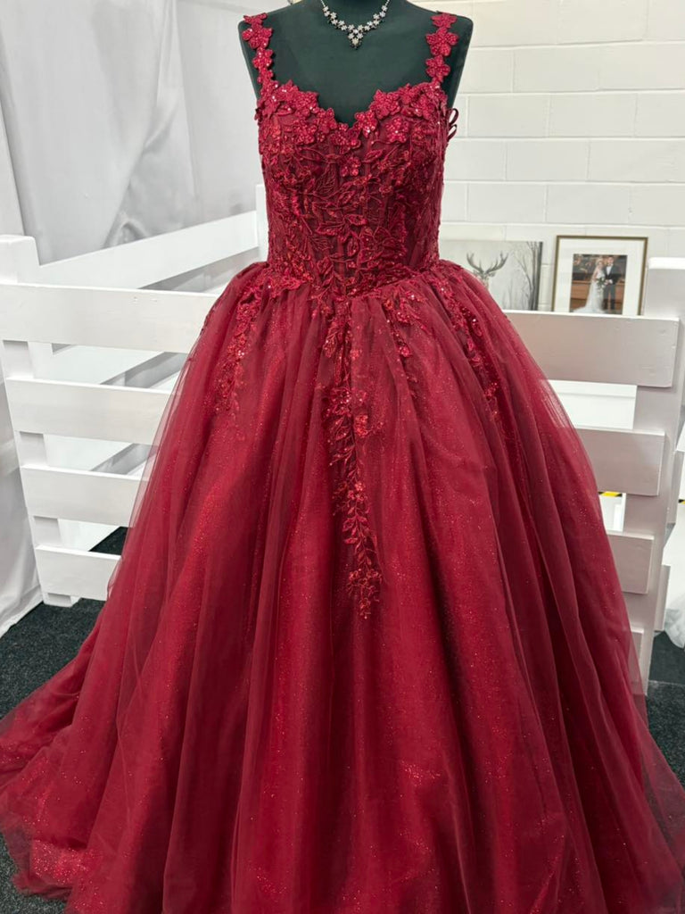 A Line Burgundy Lace Long Prom Dresses, Burgundy Tulle Formal Graduation Evening Dresses with Lace Top SP3369