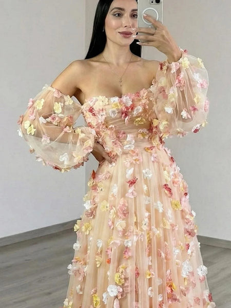 A Line Champagne Tulle Long Prom Dresses with Flowers, Champagne Floral Formal Graduation Evening Dresses SP3377