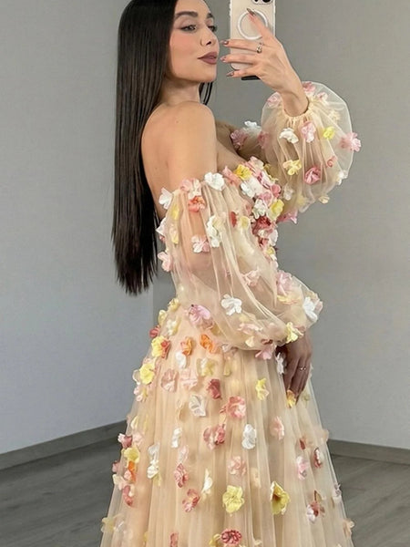 A Line Champagne Tulle Long Prom Dresses with Flowers, Champagne Floral Formal Graduation Evening Dresses SP3377