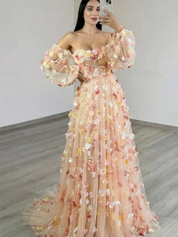 A Line Champagne Tulle Long Prom Dresses with Flowers, Champagne Floral Formal Graduation Evening Dresses SP3377